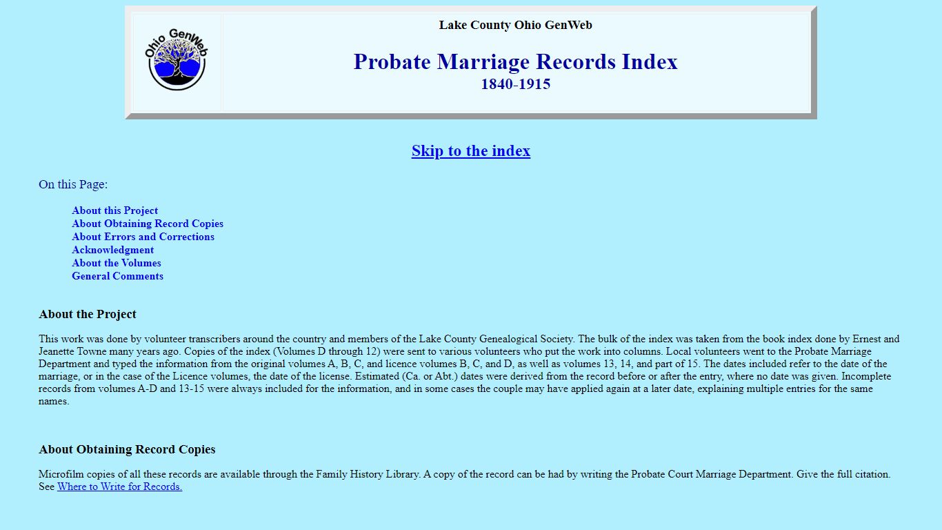 Lake County OHGenWeb--Probate Marriage Records Index